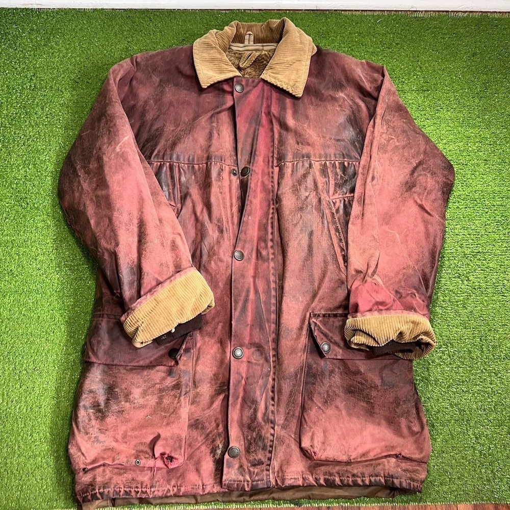 Vintage John Partridge Waxed Canvas Chore Coat S/M Sherpa Lining Red W/ Patina